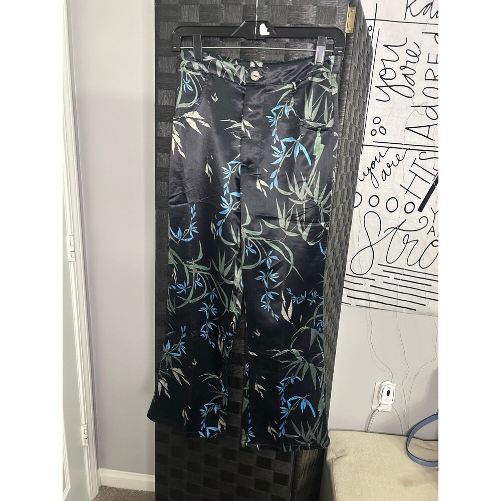 Olivaceous Black Satin Pants with Floral Accents